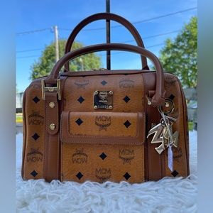 MCM Visetos Boston Purse in Cognac
